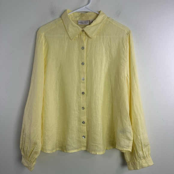 Laura Ashley Tops - Laura Ashley L Shirt Butter Yellow Linen Button Up Long Sleeve Coastal Preppy